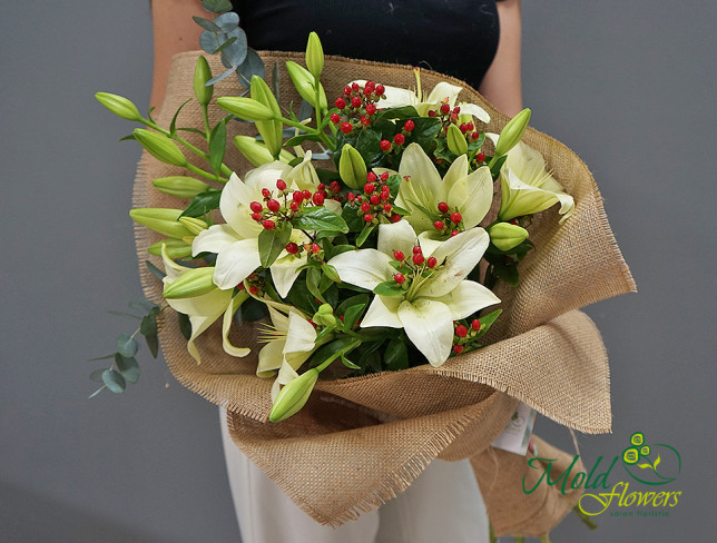 Bouquet of lilies in fabric photo